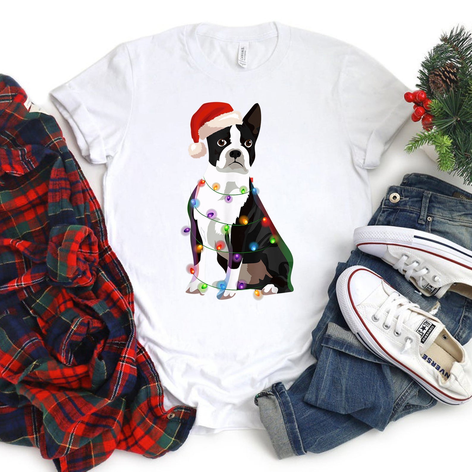 Boston Terrier Bostie Christmas Lights Xmas Dog Lover T Shirt White Unisex S-6XL