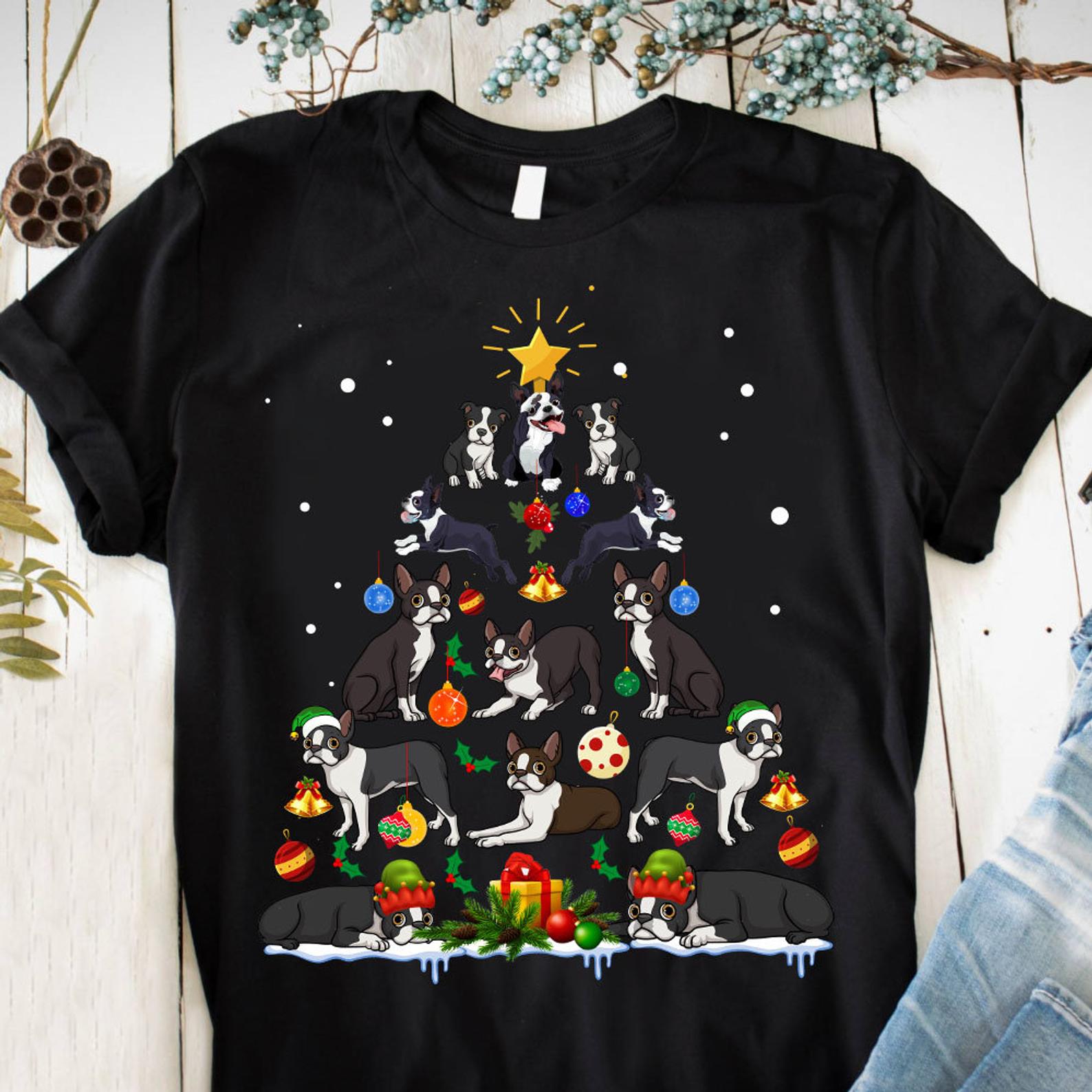 Boston Terrier Christmas Tree T Shirt Black Unisex S-6XL