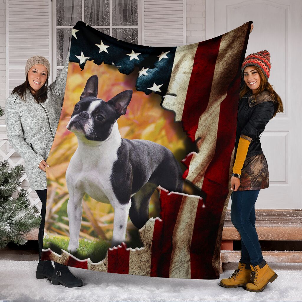 Boston Terrier Premium Blanket Behind The Flag Fleece Blanket