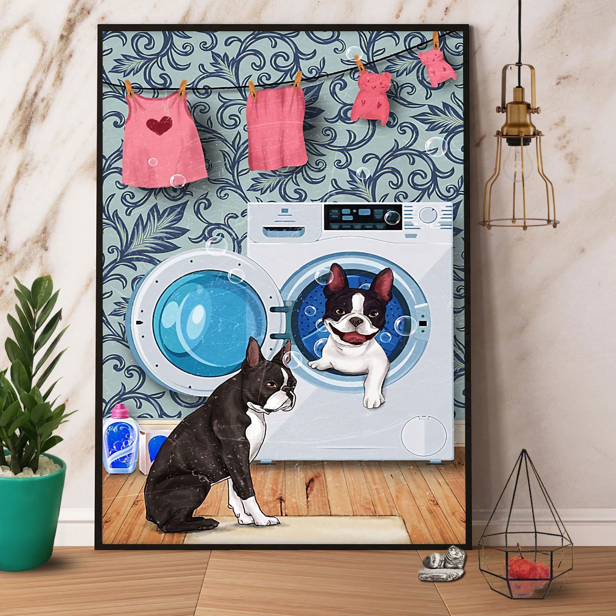 Boston Terrier Sitting On Laundry Satin Poster Portrait No Frame