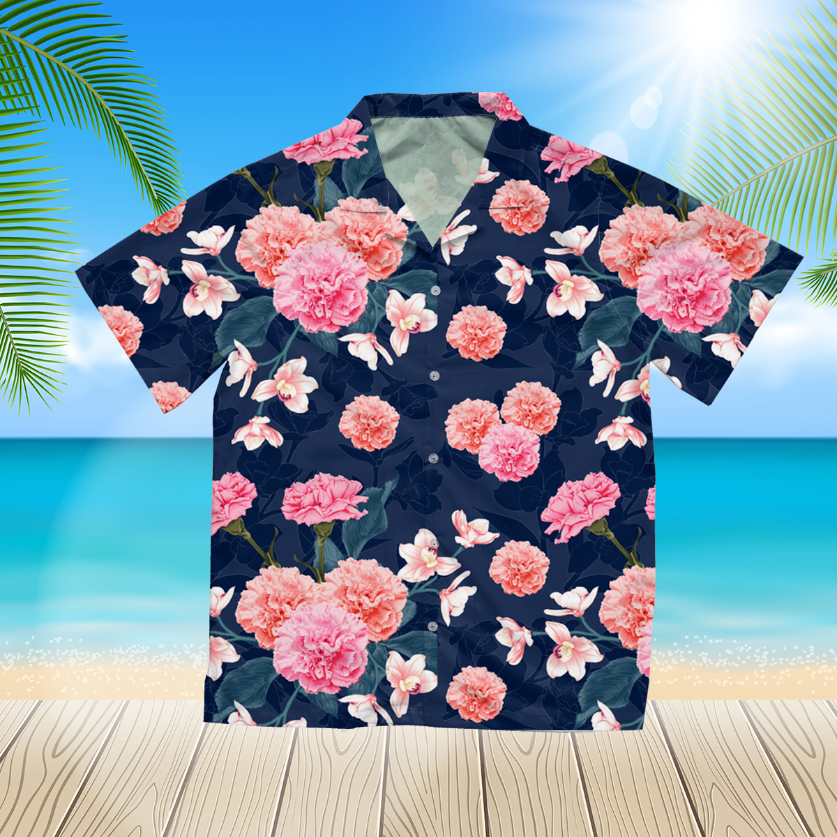 Botanical pink carnation and pink orchid flowers 3d Hawaii Shirt for Men