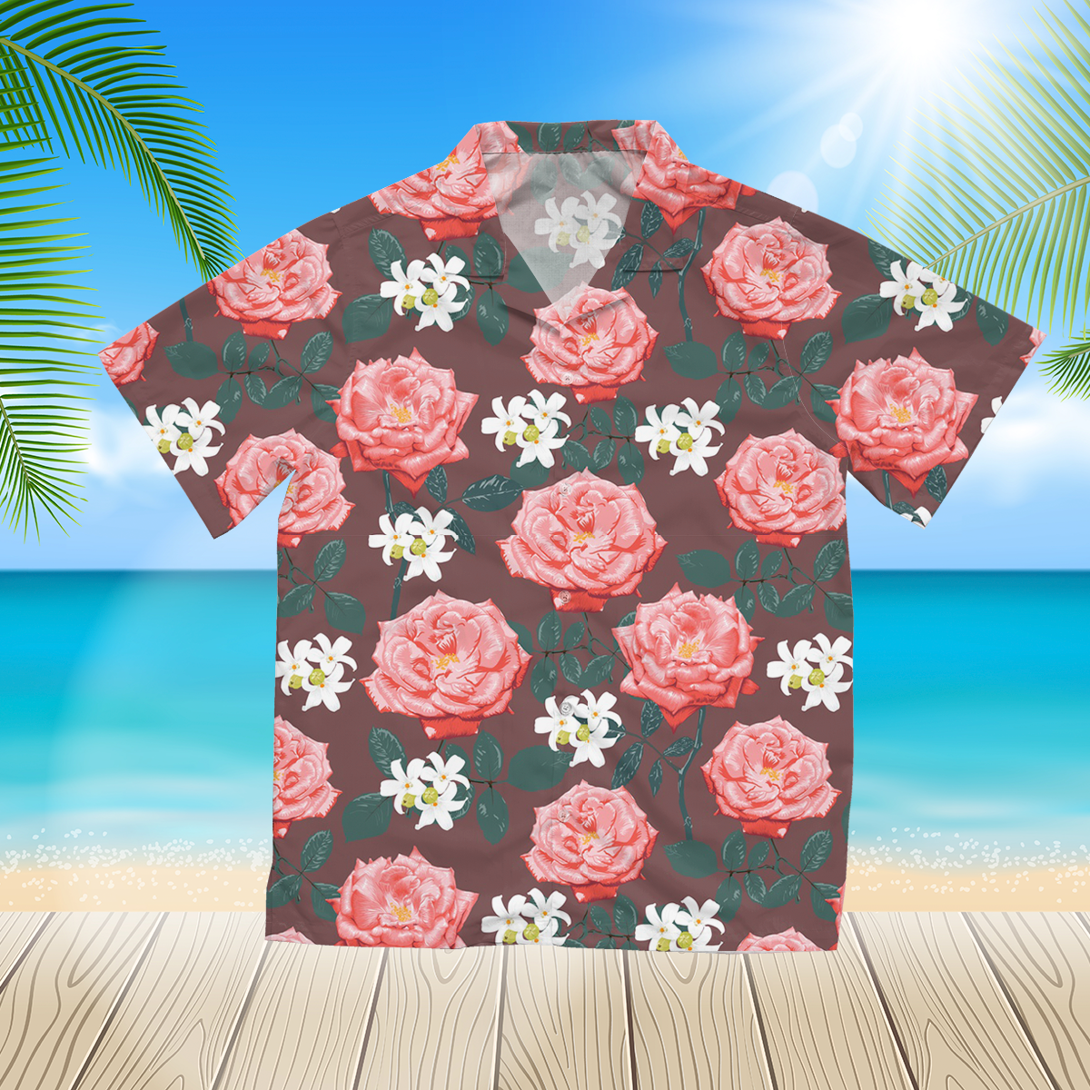 Botanical pink rose and white flowers 3d Hawaii Shirt for Men