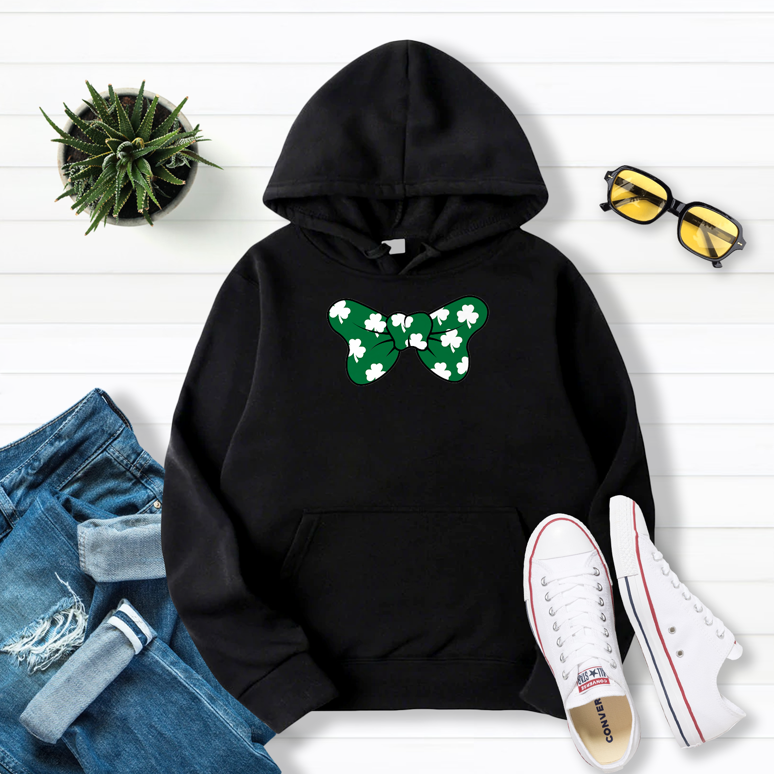 Bow Tie Shamrock Clover St Patrick'S Day Pullover Hoodie Black S-5XL