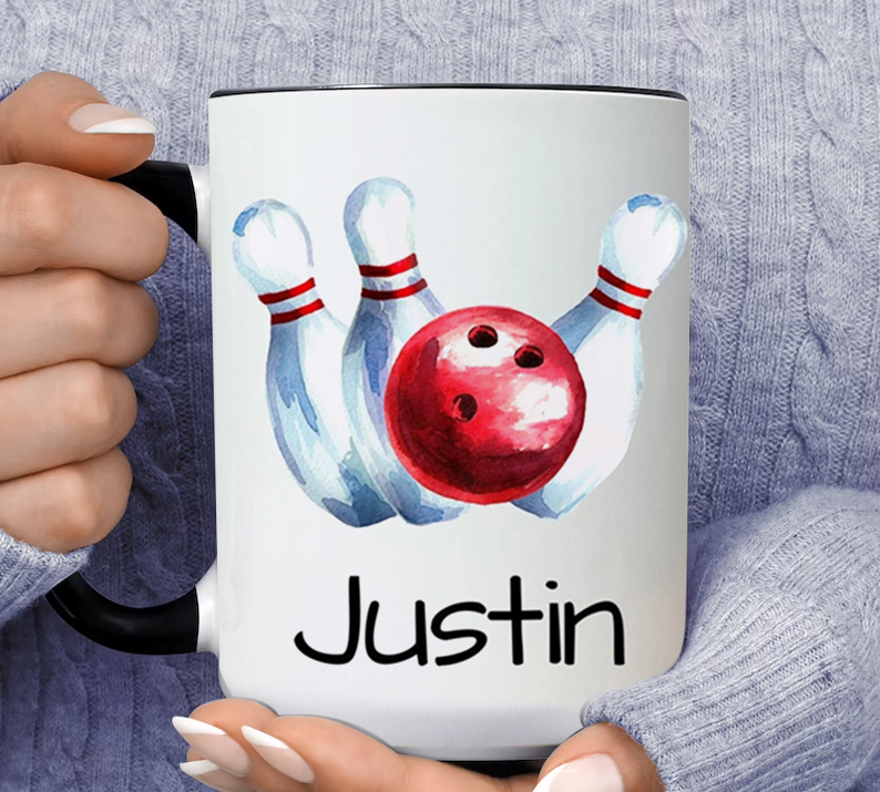 Bowling Gifts Bowling Personalized Name Justin Inner Color Accent Mug 11oz Coffee Tea Cup