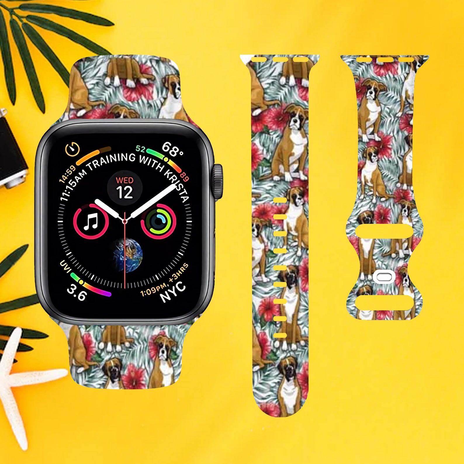 Boxer Dog Flower Tropical Colorful Watch Band for Apple Watch Thermo Elastomer