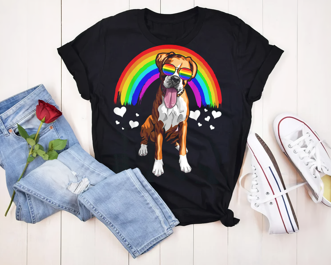 Boxer Dog Rainbow Sunglasses Gay Pride Lgbt T-shirt Unisex S-6xl