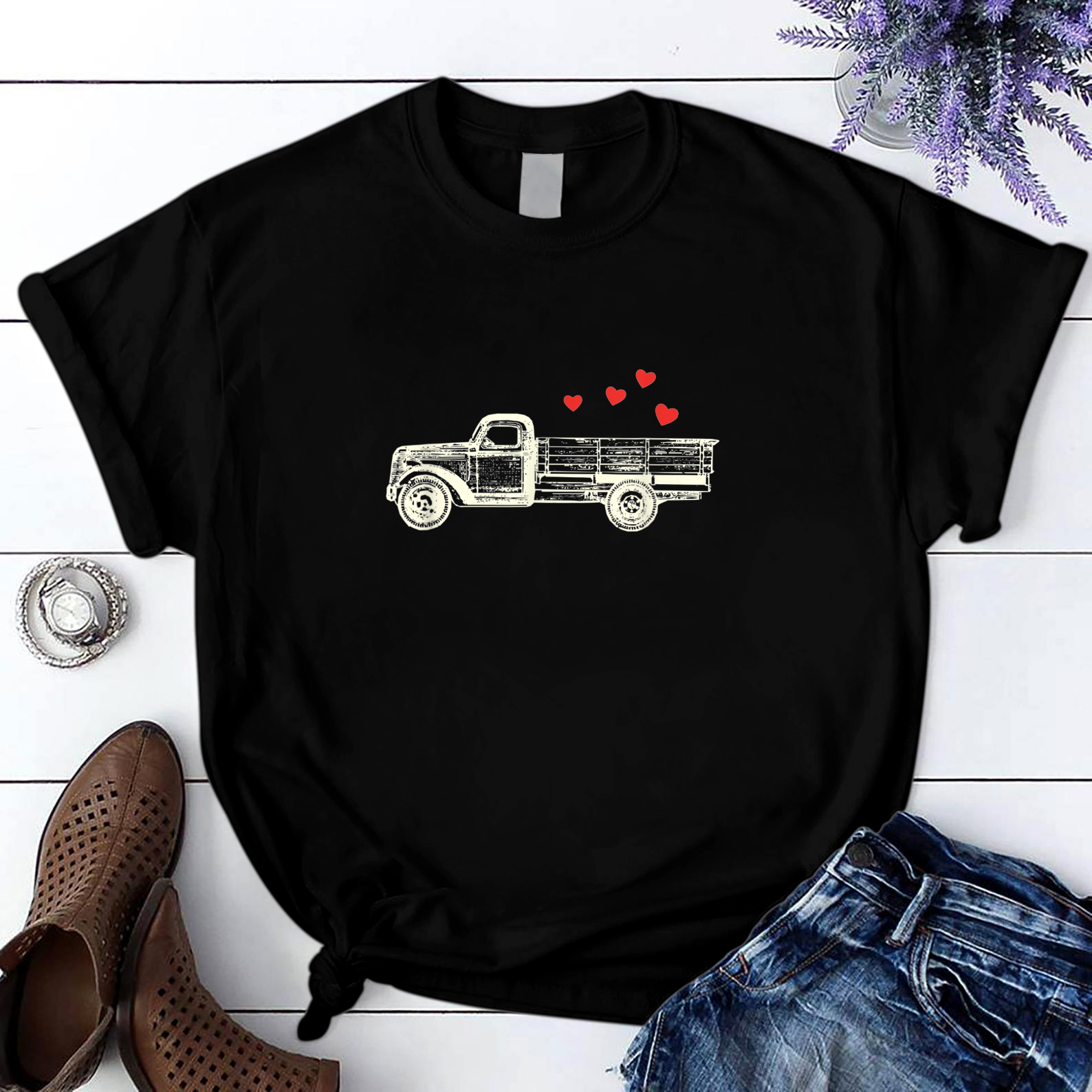 Boys Vintage Truck Hearts Cute Valentine'S Day Kids Gift T Shirt Black Unisex S-6Xl