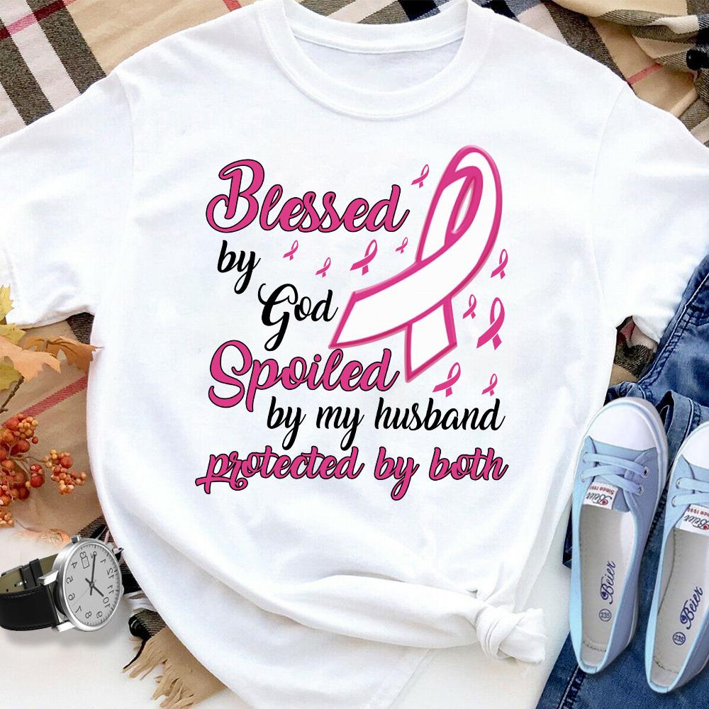 Breast cancer awareness blessed by God spoiled by my husband Women T Shirt White S-3XL