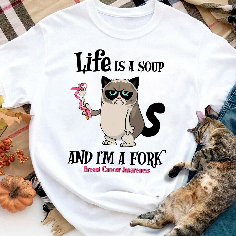 Breast cancer awareness cat life is a soup Women T Shirt White S-3XL