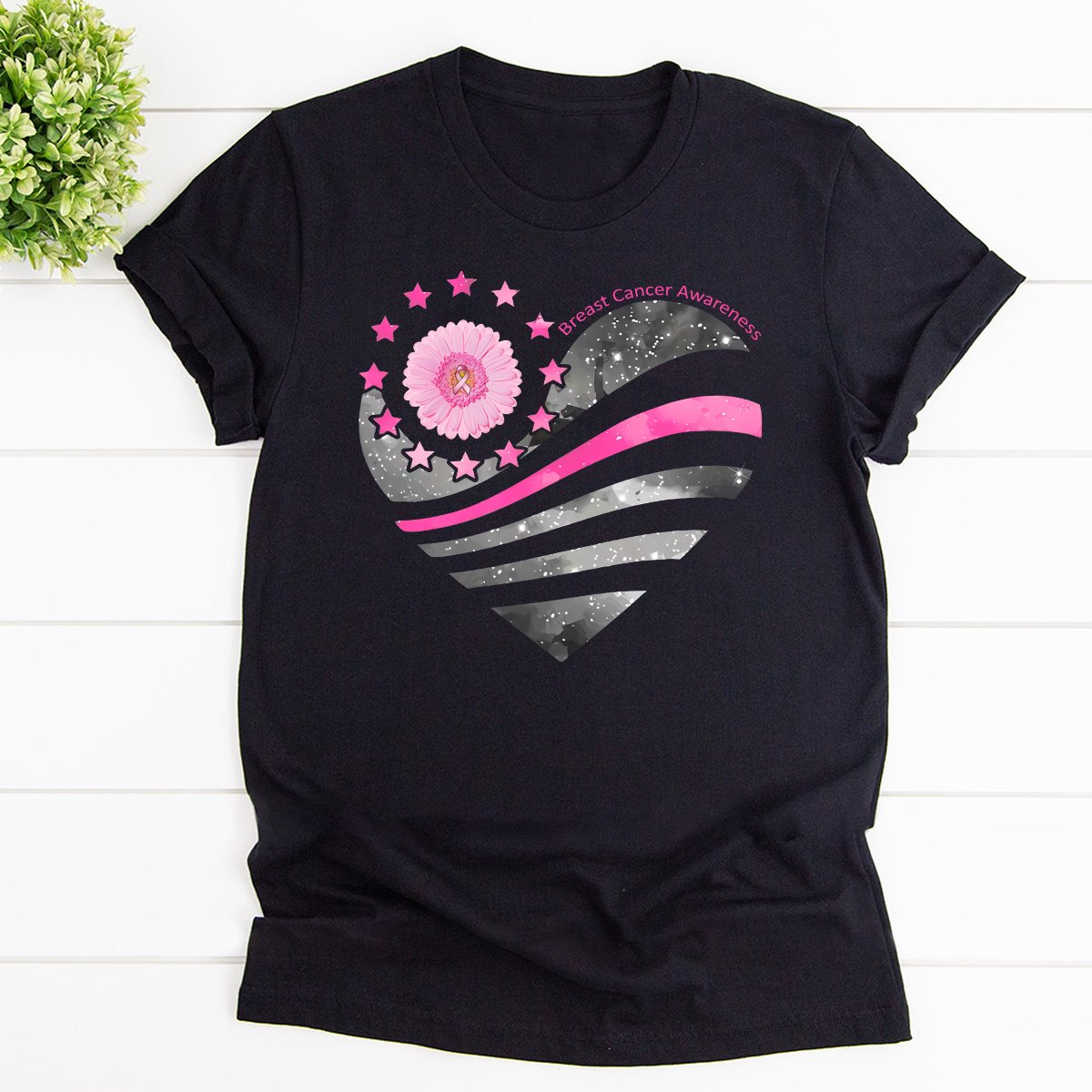 Breast Cancer Awareness Heart Flower Cotton T Shirt Black Unisex S-6XL