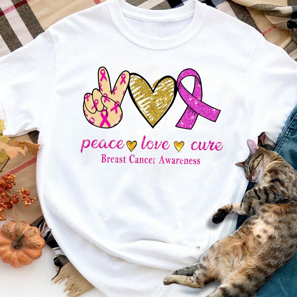 Breast cancer awareness peace love cure Women T Shirt White S-3XL