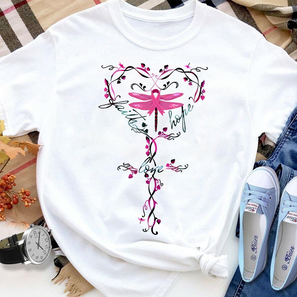 Breast cancer dragonfly faith love hope Women T Shirt White S-3XL