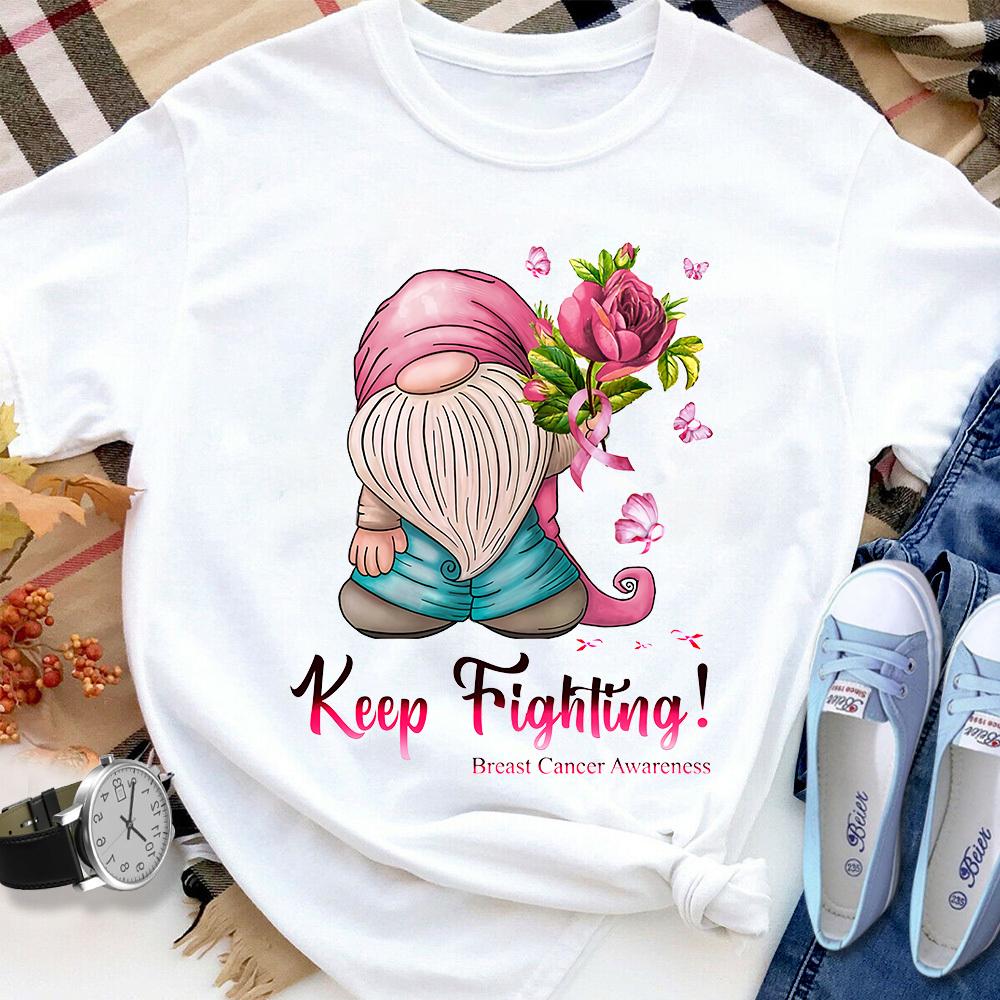 Breast Cancer Gnome Keep Fighting Breast Cancer Awareness Women T Shirt White S-3XL