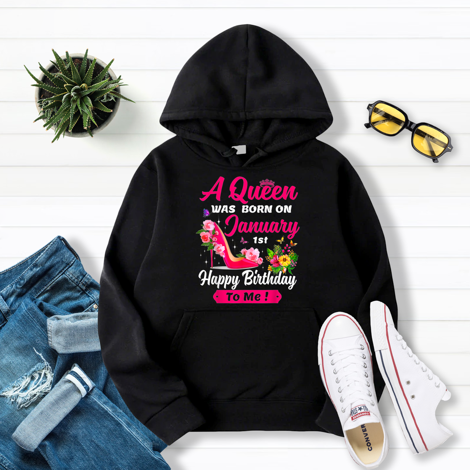 Brithday Womens Day A Queen Was Born On January 1st Pullover Hoodie Black S-5XL