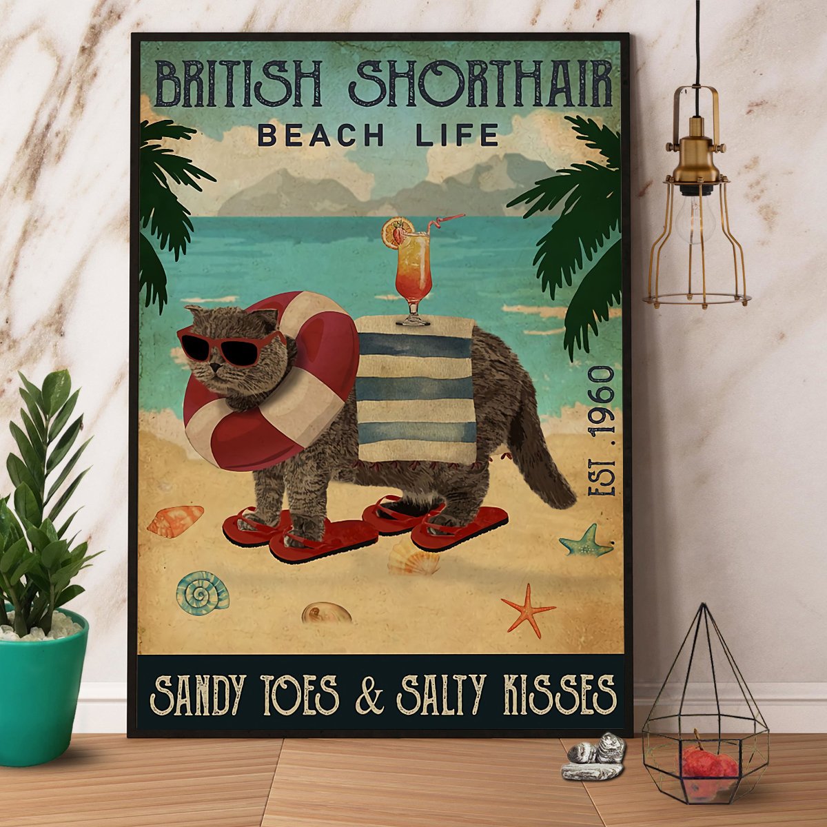 British Shorthair Beach Life Sandy Toes & Salty Kisses Satin Poster Portrait No Frame