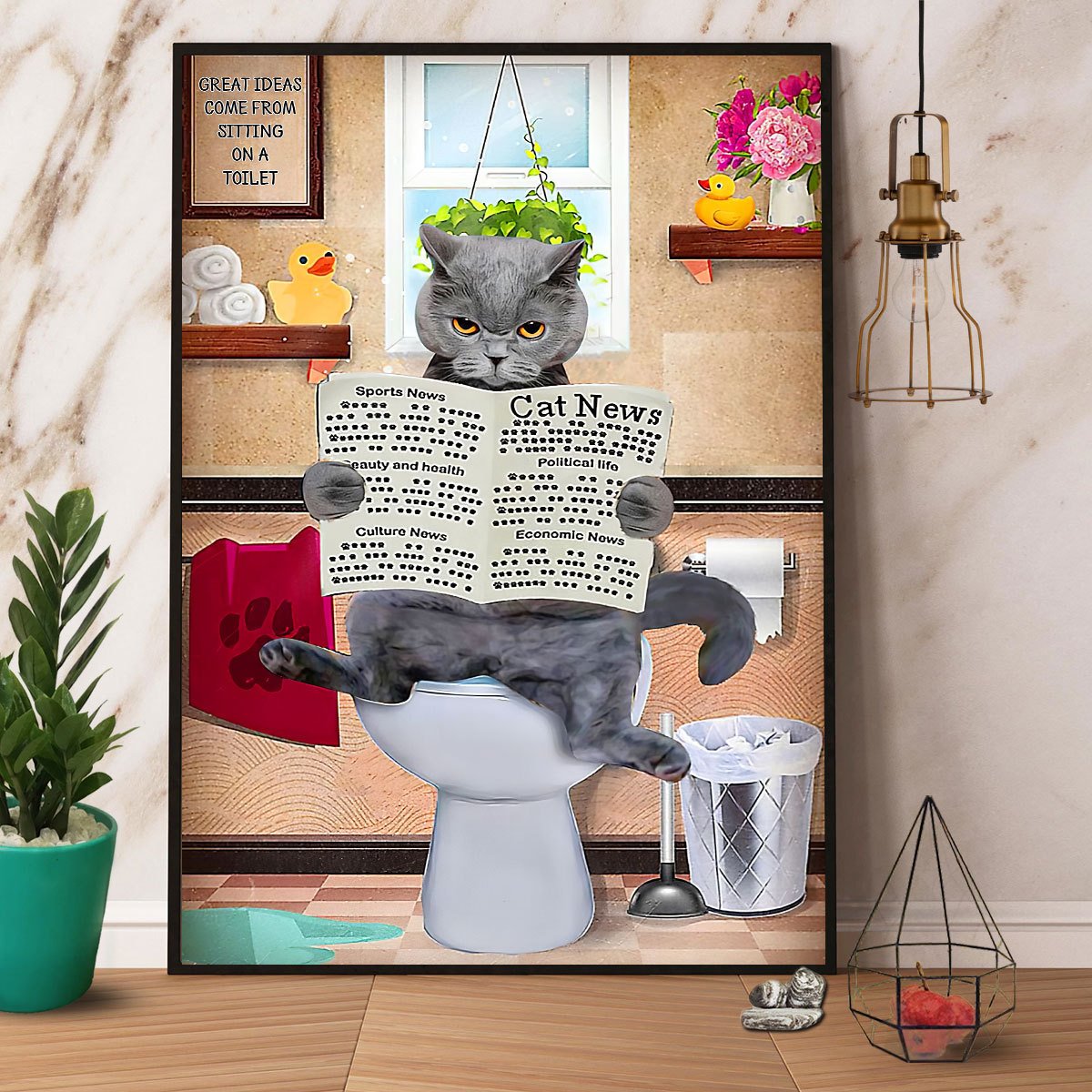 British Shorthair Sits On The Toilet And Reading A Newspaper Satin Poster Portrait No Frame