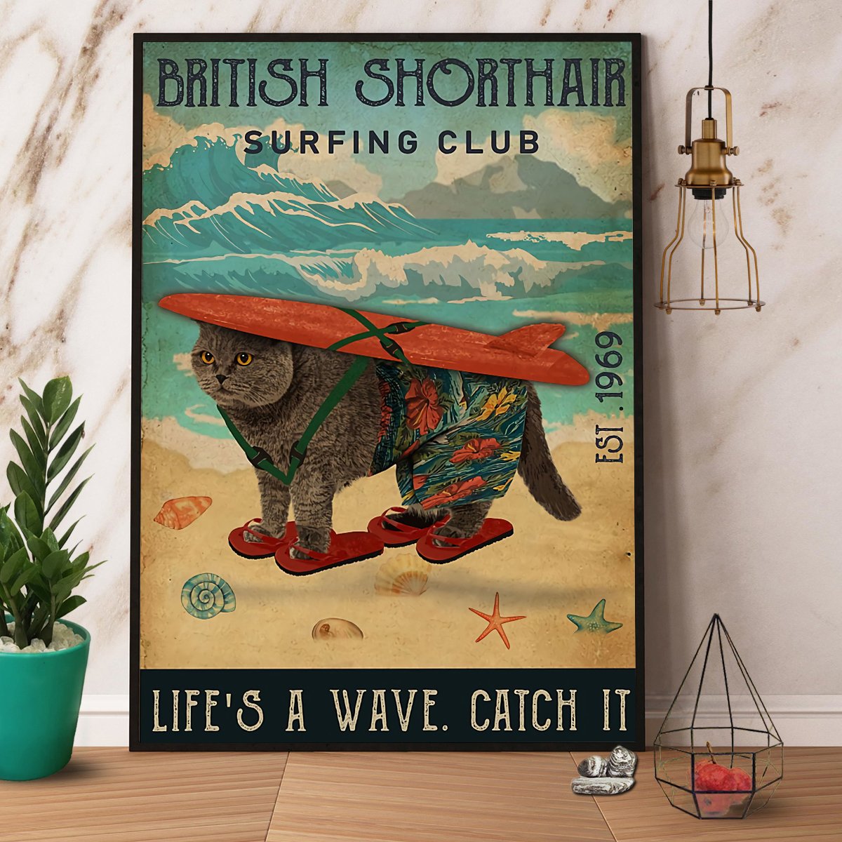 British Shorthair Surfing Club Life'S A Wave Catch It Satin Poster Portrait No Frame