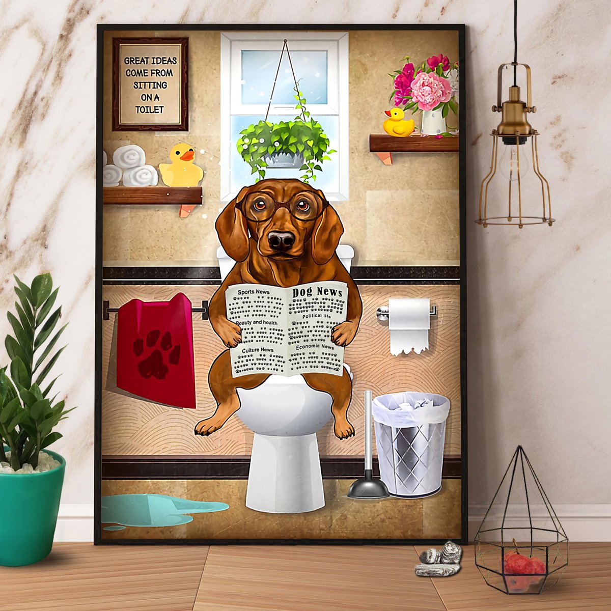 Brow Dachshund Sits On Toilet And Reading Newspaper Satin Poster Portrait No Frame