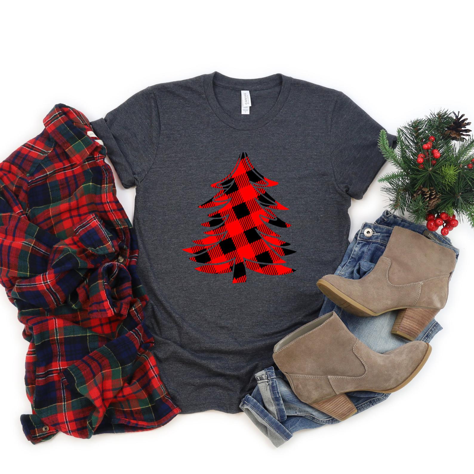 Buffalo Plaid Christmas Red Tree T Shirt Grey, Unisex, S-6XL