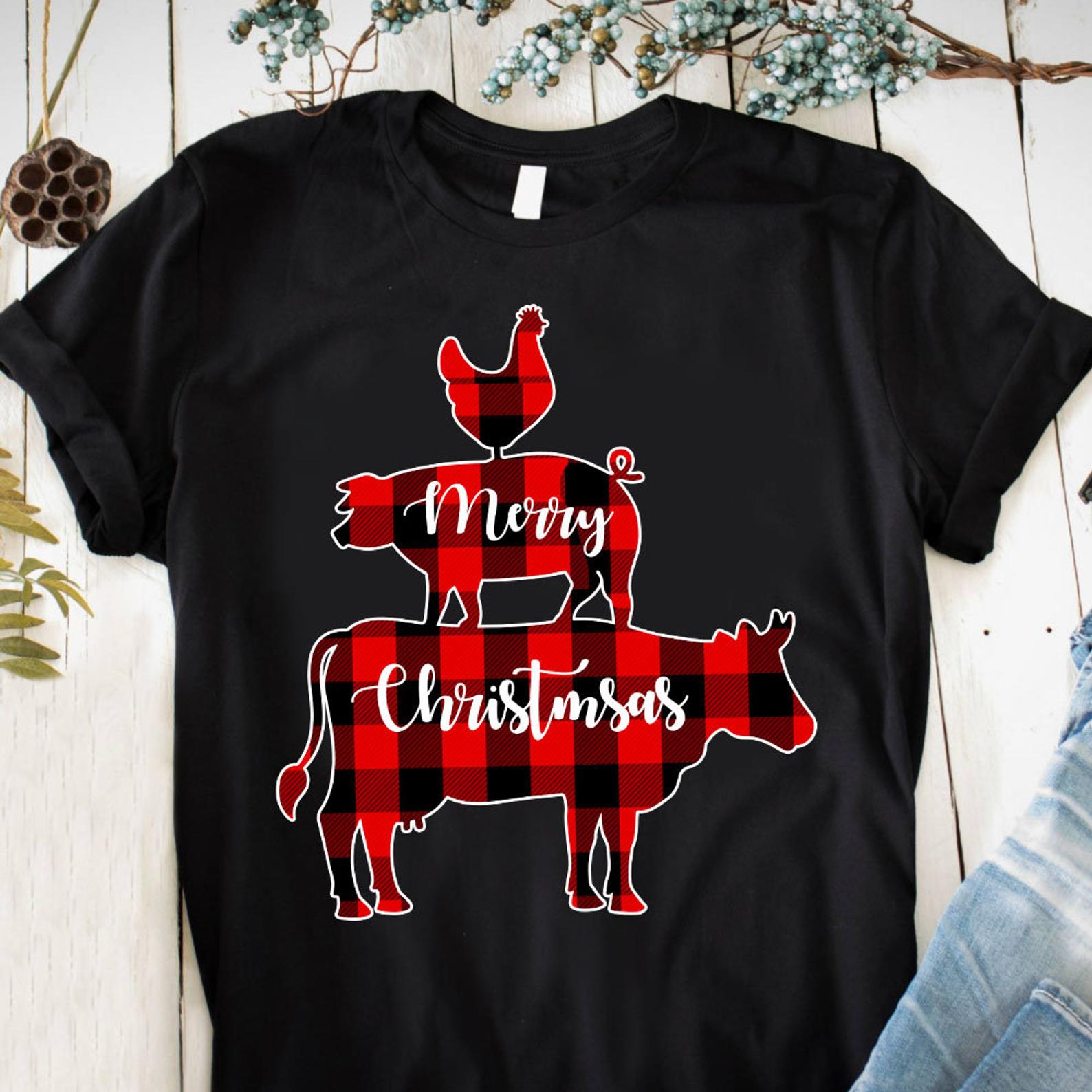 Buffalo Plaid Cow Pig Chicken Farm Animal Christmas T Shirt Black Unisex S-6XL