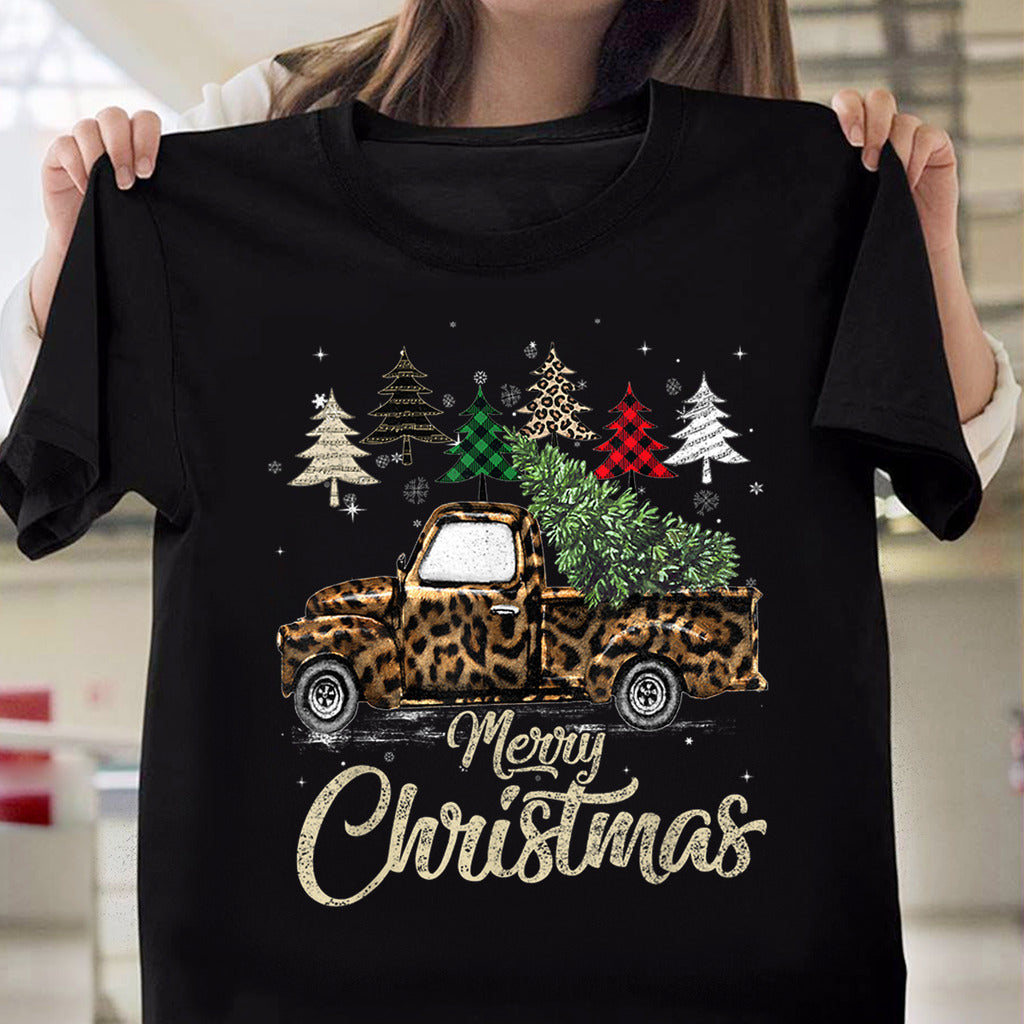 Buffalo Plaid Tree Red Truck With Leopard Print Funny Gift Christmas T Shirt Black for Men