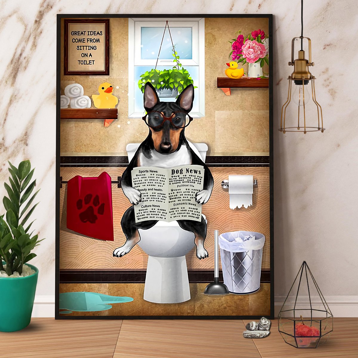 Bull Terrier Sitting On Toilet And Reading Newspaper Satin Poster Portrait No Frame