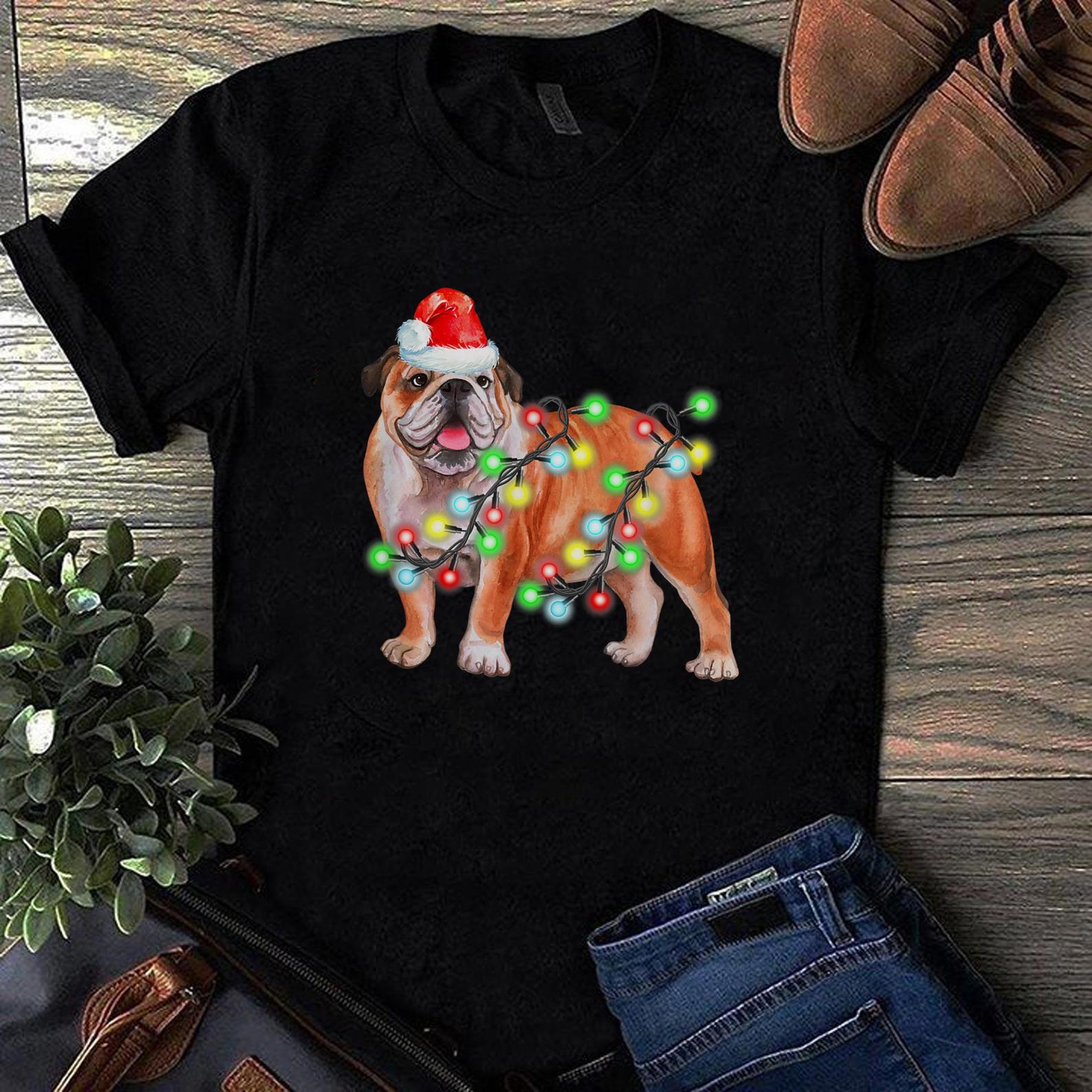 Bulldog Christmas Sweater Pajama Light Santa Xmas T Shirt Black Unisex S-6XL