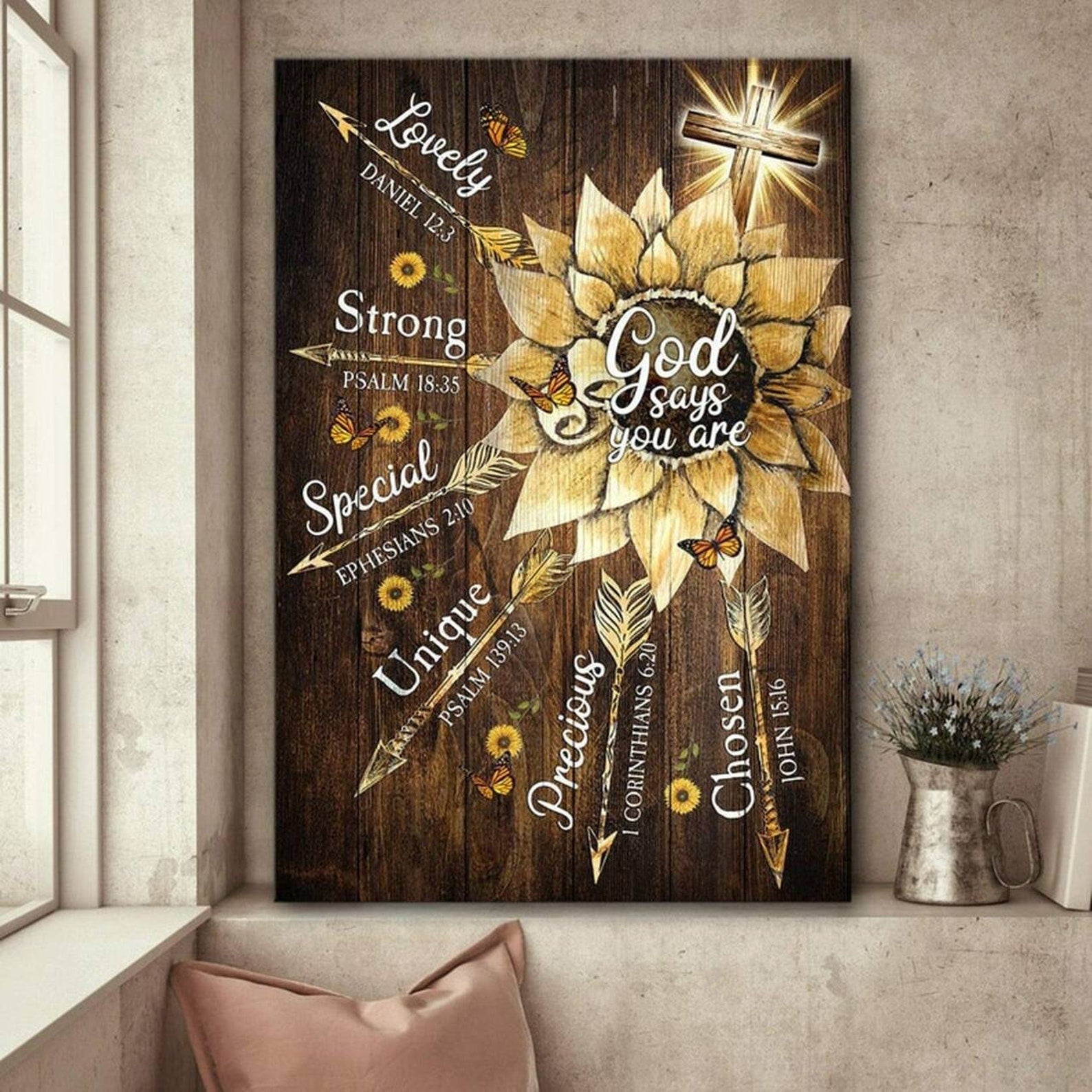 Butterfly And Sunflower - God Says You Are Jesus Christian Frame Wrapped Canvas Home Decor full size