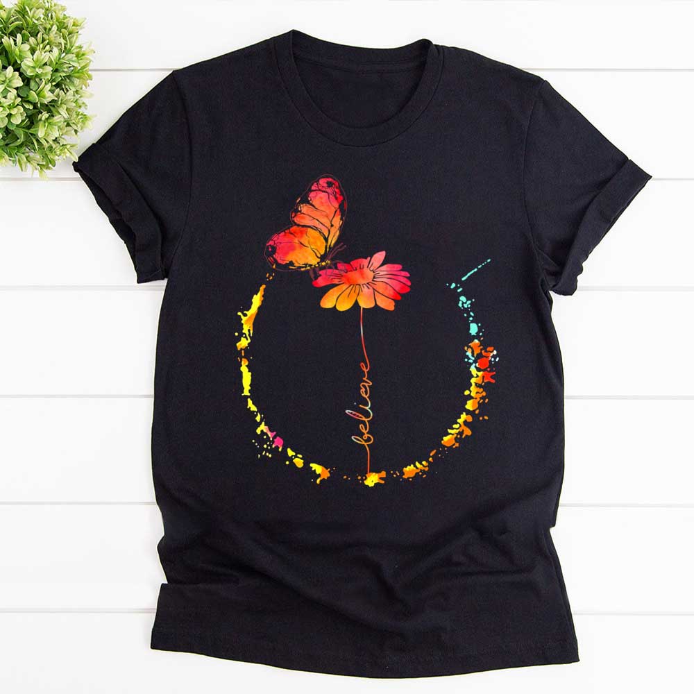 Butterfly believe circle flowers T Shirt Black Unisex S-6XL