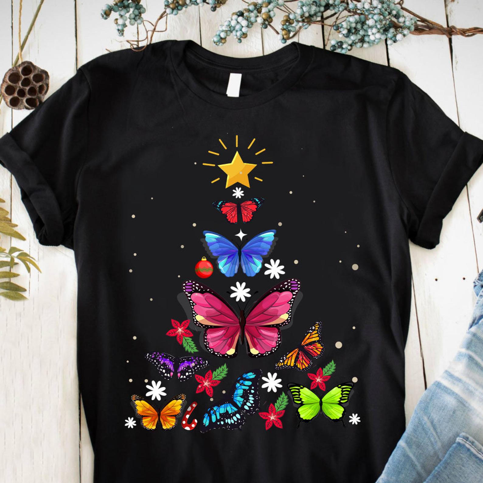 Butterfly Christmas Tree Merry Xmas T Shirt Black Unisex S-6XL