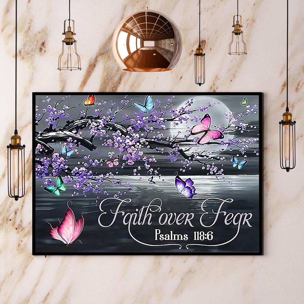 Butterfly Purple Cherry Blossom Faith Over Fear Satin Poster Landscape No Frame