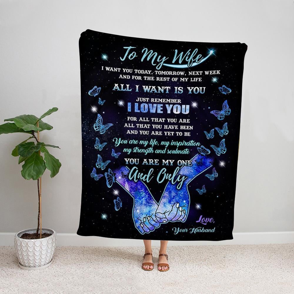 Butterfly to my wife all i want is you remember i love you holding hand Fleece Blanket