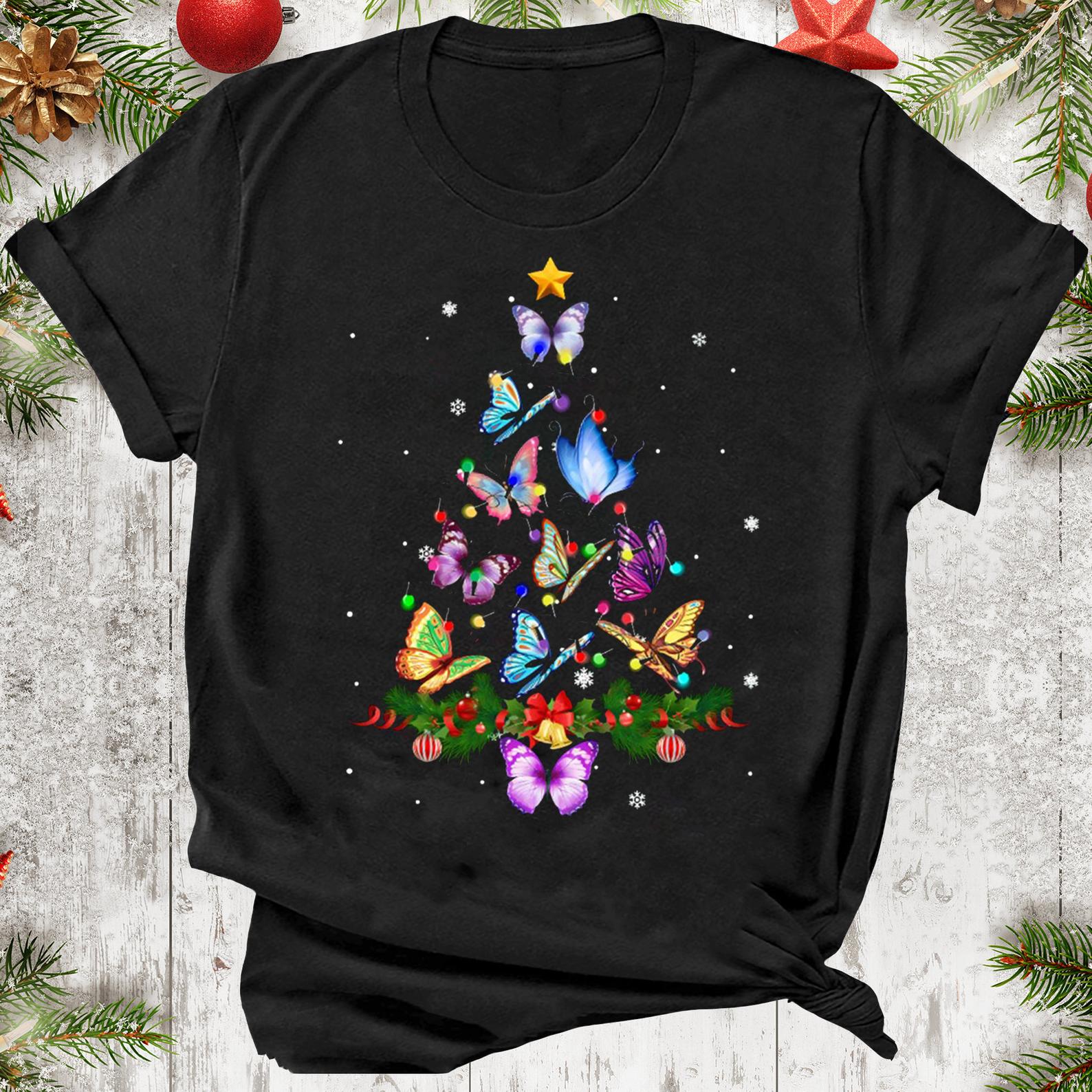 Butterfly Xmas Tree Awesome Animal Insect Christmas T Shirt Black, Unisex, S-6XL Gift