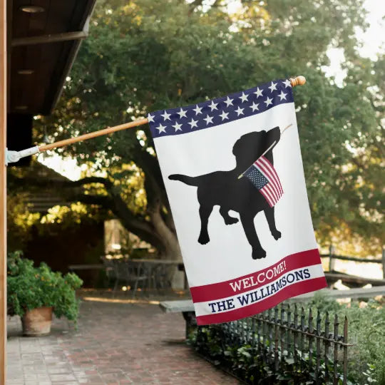 4th July Garden Flag, Independence Day Lab Dog Holding USA Flag Custom Name Flag