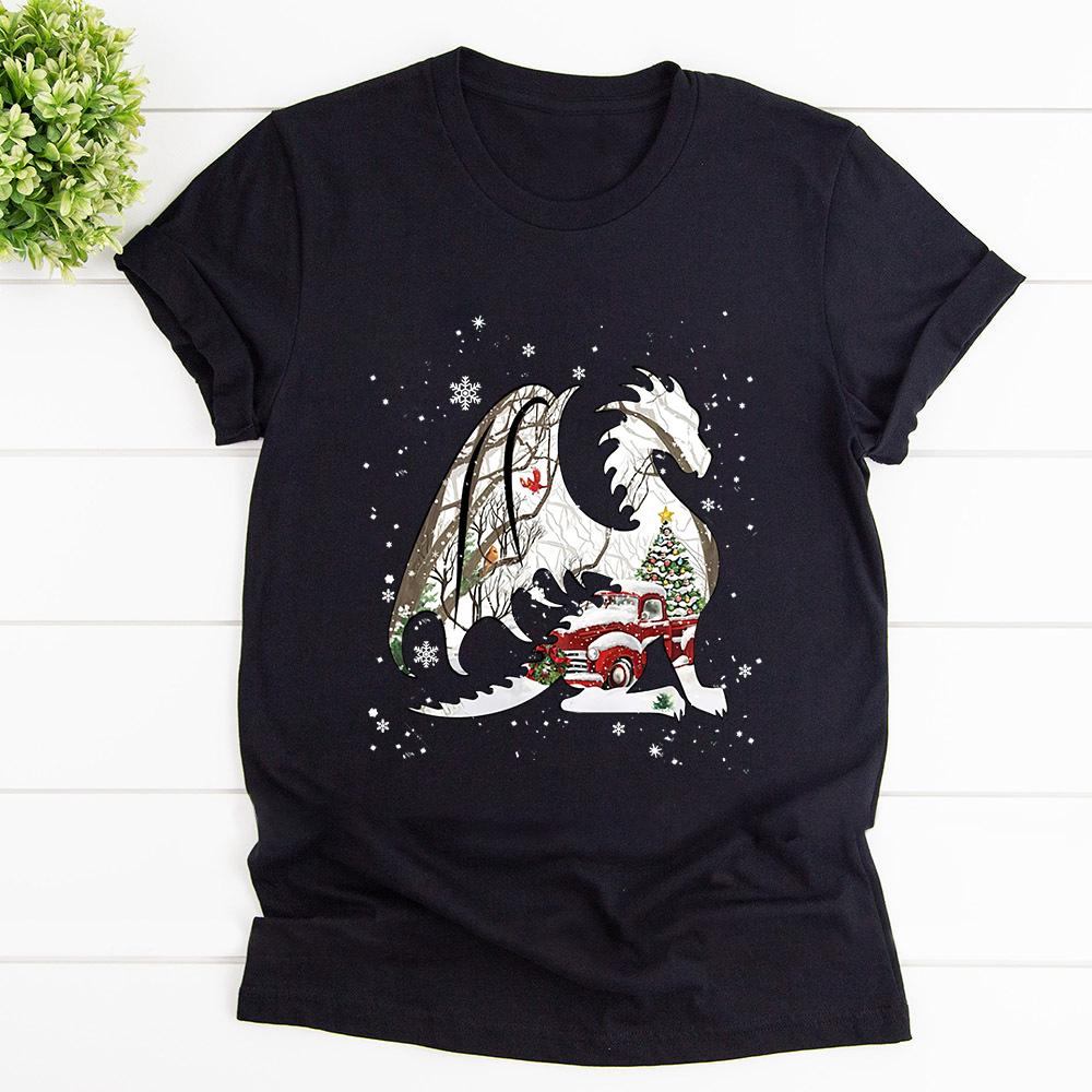 Dragon Merry Christmas Red Truck Xmas Tree Cardinal Snow Winter Cold T Shirt Black Unisex S-6XL