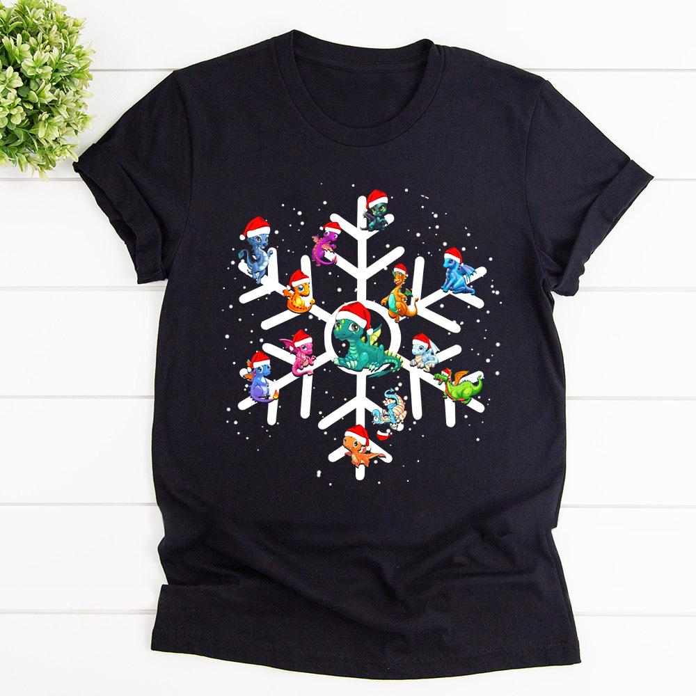 Dragon Snowflakes Cute Dragon Enjoy Christmas Happy With Santa Hat Winter T Shirt Black Unisex S-6XL