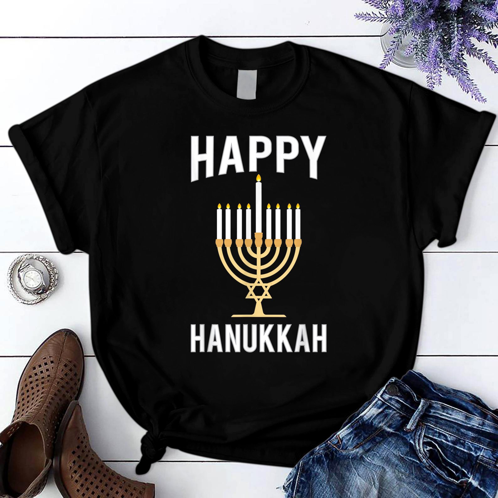 Festive Holiday Menorah Gift Happy Hanukkah T Shirt Black Unisex S-6XL
