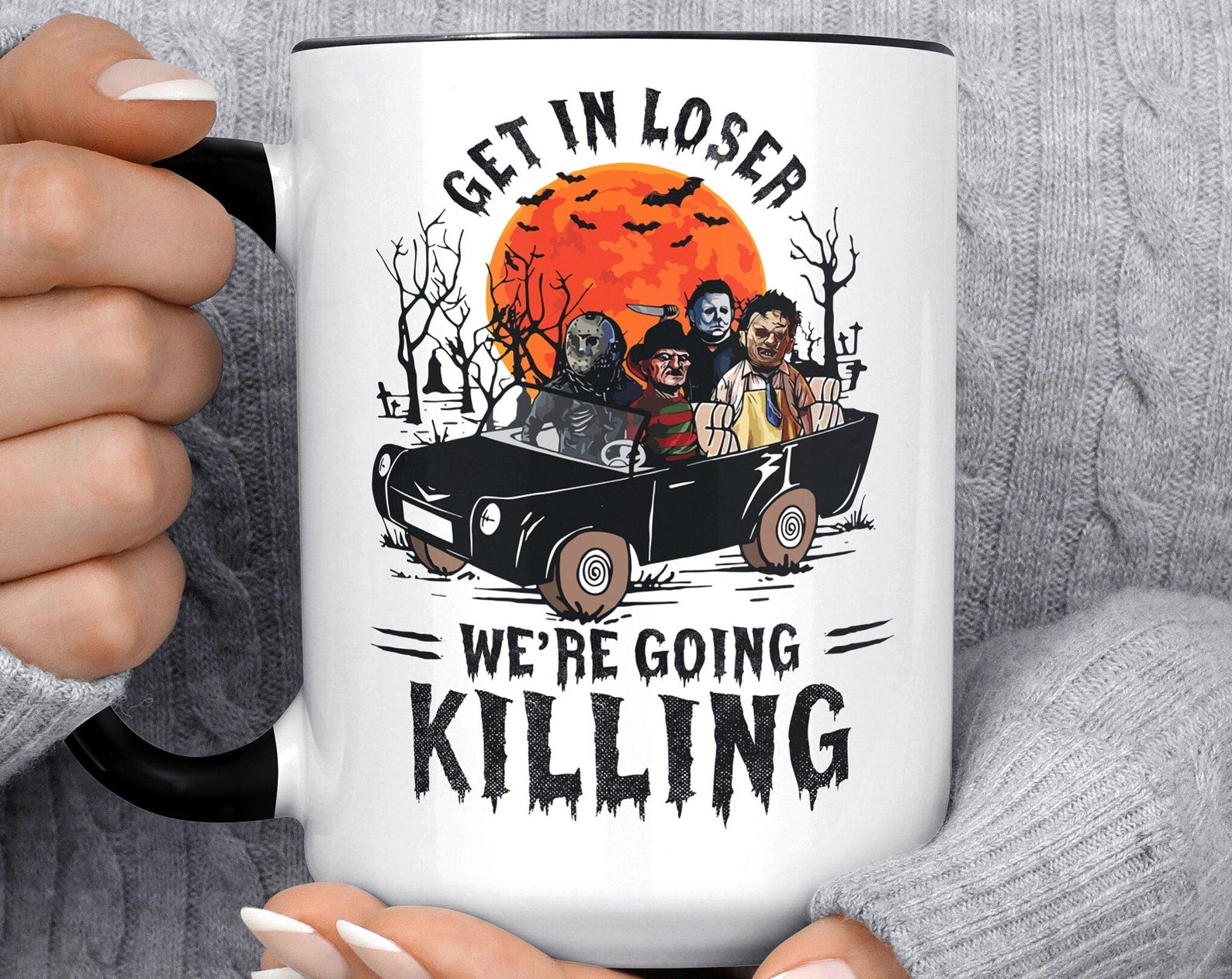 Get In Loser Going Killing Killer Funny Halloween Gift Freddy Myers Jason Chainsaw Massacre Inner Color Accent Mug 11oz Coffee Tea Cup