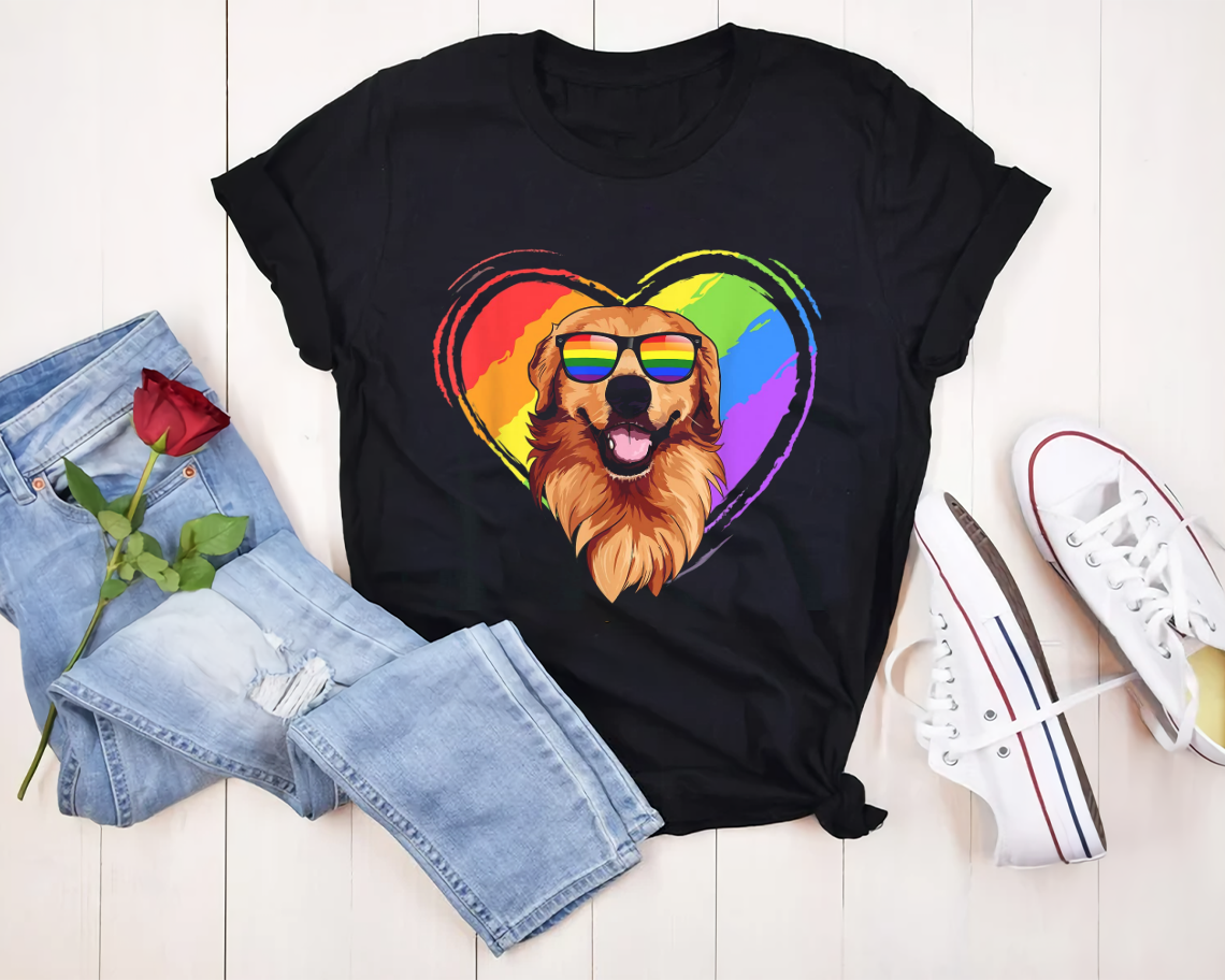 Golden Retriever Rainbow Heart Gay Pride Lgbt T-shirt Unisex S-6xl