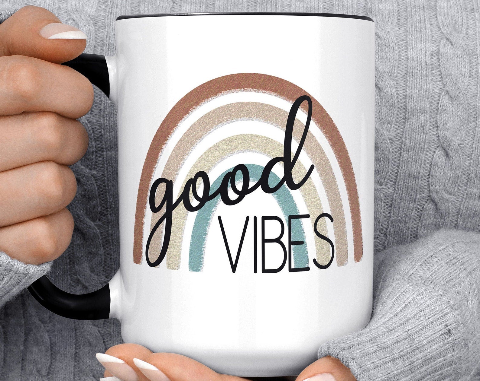Good Vibes Best Friend Boho Rainbow Christmas Gift For Friend Positive Birthday Gift Gift For Her Encouragement Gift Inner Color Accent Mug 11oz Coffee Tea Cup