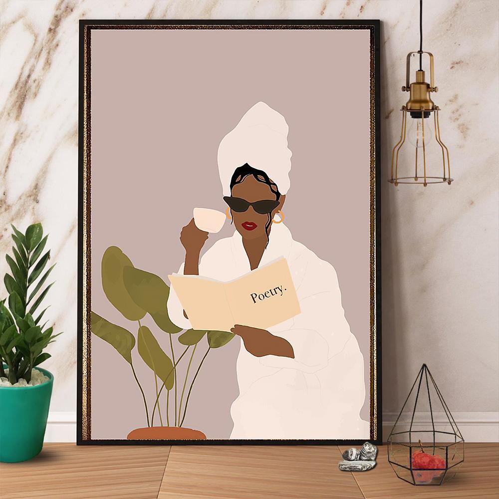Gorgeous Black Women Reading Book Drink Tea Satin Poster Portrait No Frame