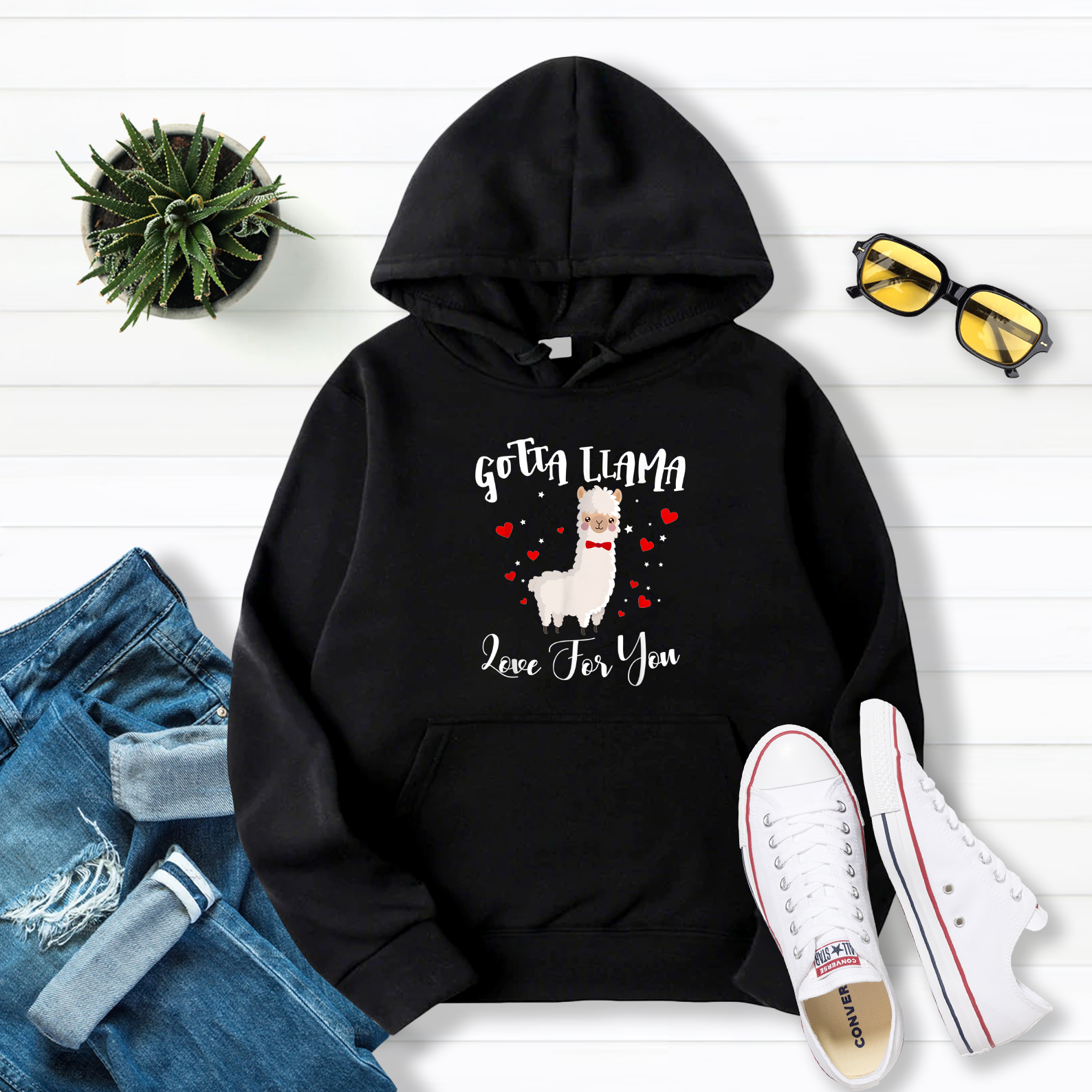 Gotta Llama Love For You Valentine Llamas Gift Hoodie Pullover Hoodie Black S-5Xl