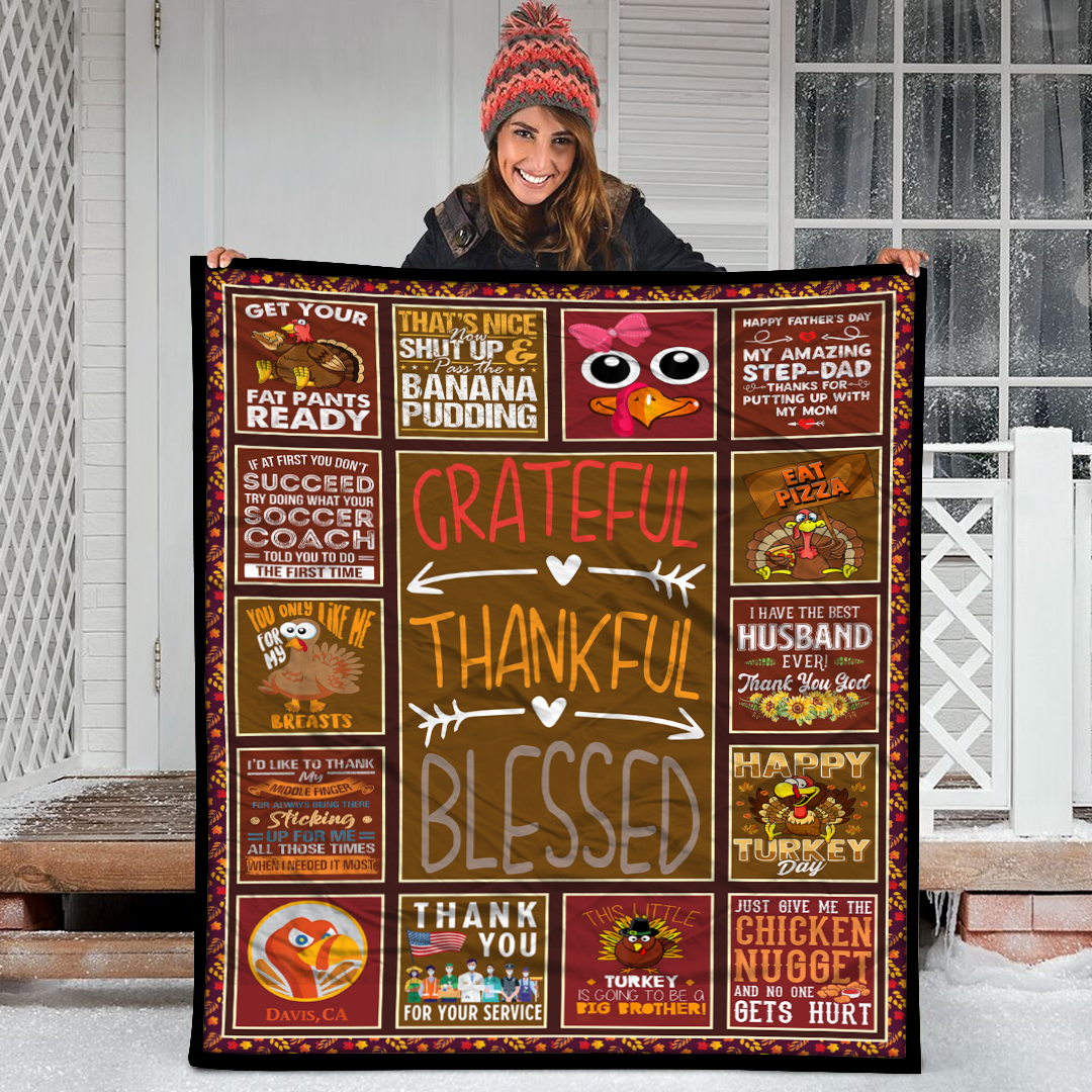 Grateful Thankful Blessed thanksgiving Style 5 Fleece Blanket Small Medium Large X-large