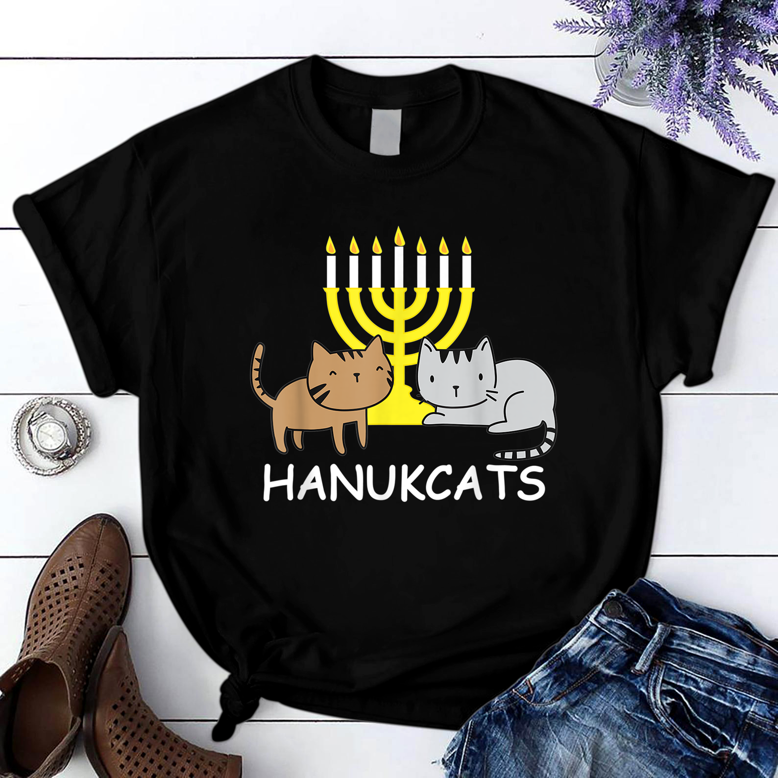 Hanukcats Funny Hanukkah Gif Cute Kawaii Cat T Shirt Black Unisex S-6XL