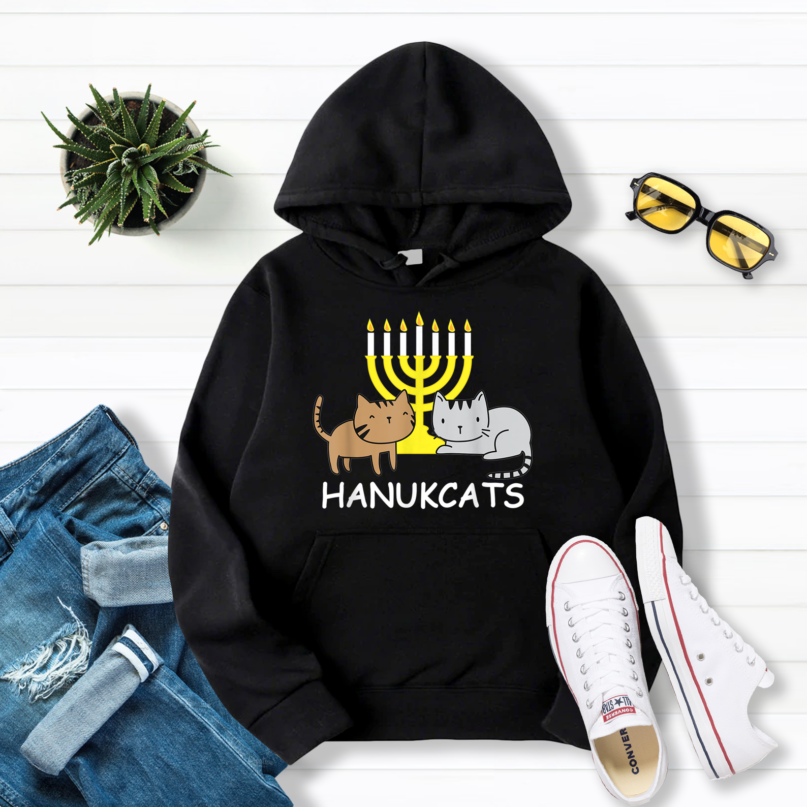 Hanukcats Funny Hanukkah Gift Cute Kawaii Cat Pullover Hoodie Black S-5XL