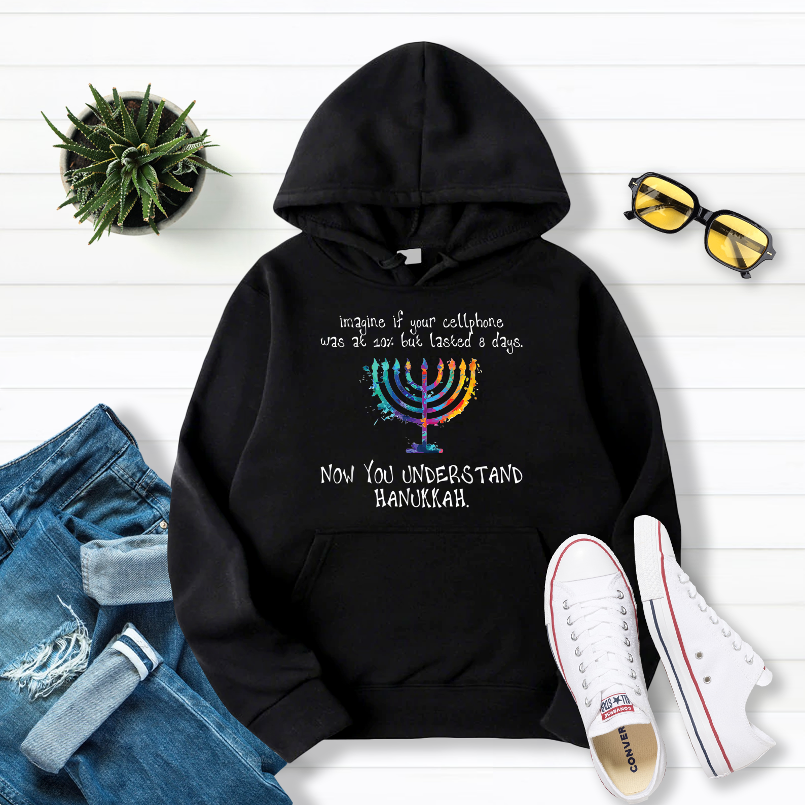 Hanukkah Chanukah Cellphone Meme Funny Jewish Pullover Hoodie Black S-5XL