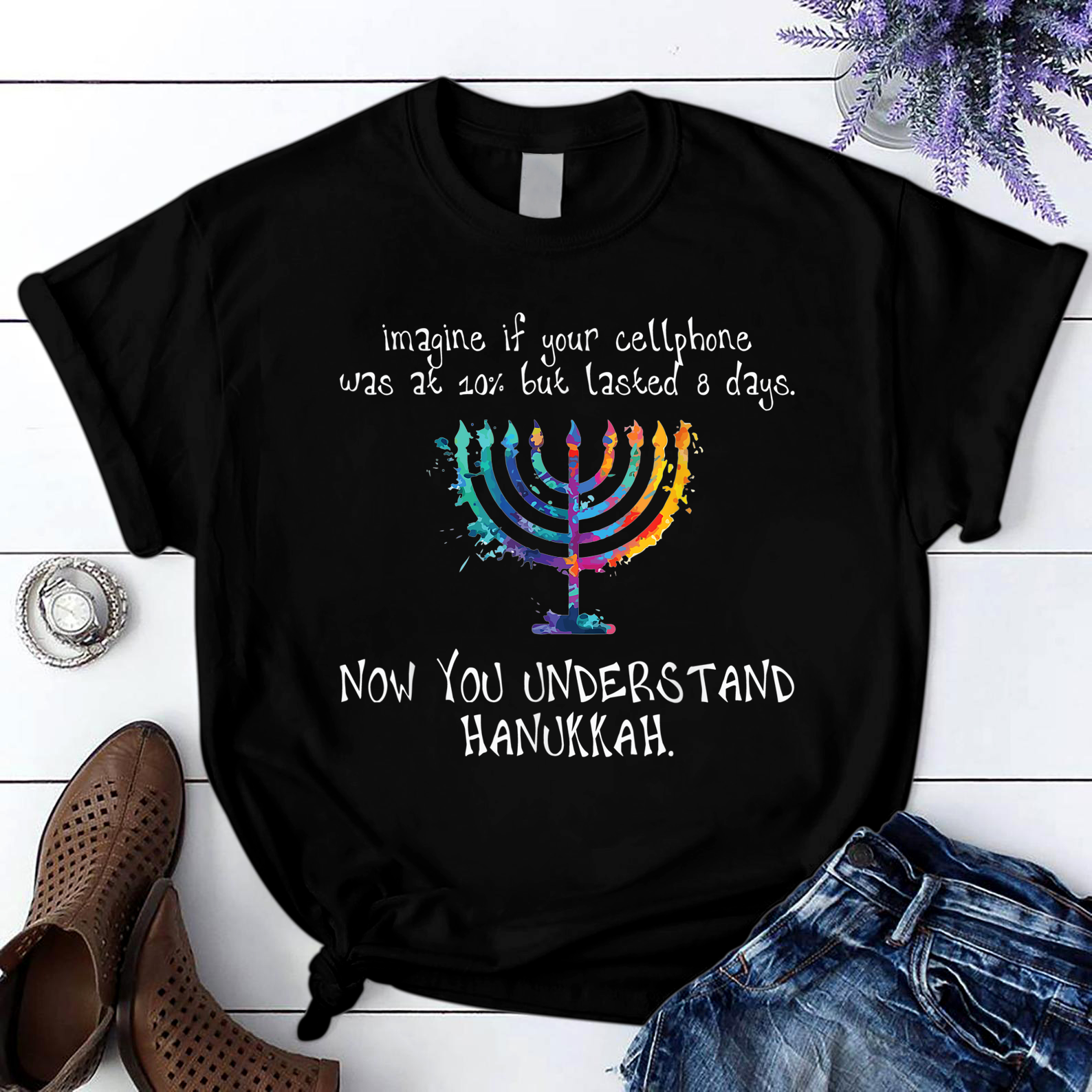 Hanukkah Chanukah Cellphone Meme Funny Jewish T Shirt Black Unisex S-6XL