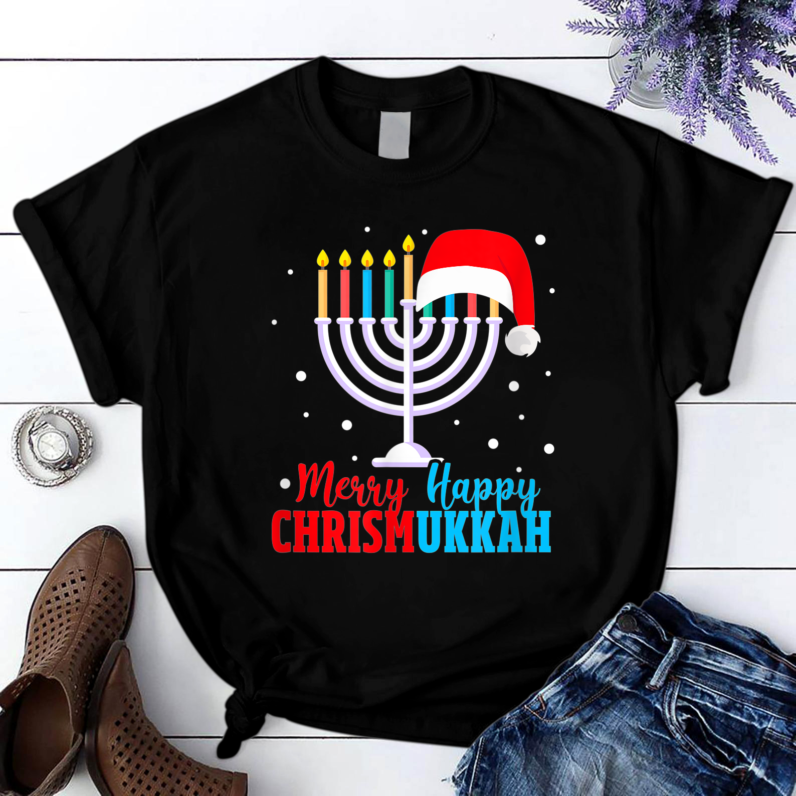 Hanukkah Christmas Funny Merry Happy Chrismukkah Jewish T Shirt Black Unisex S-6XL