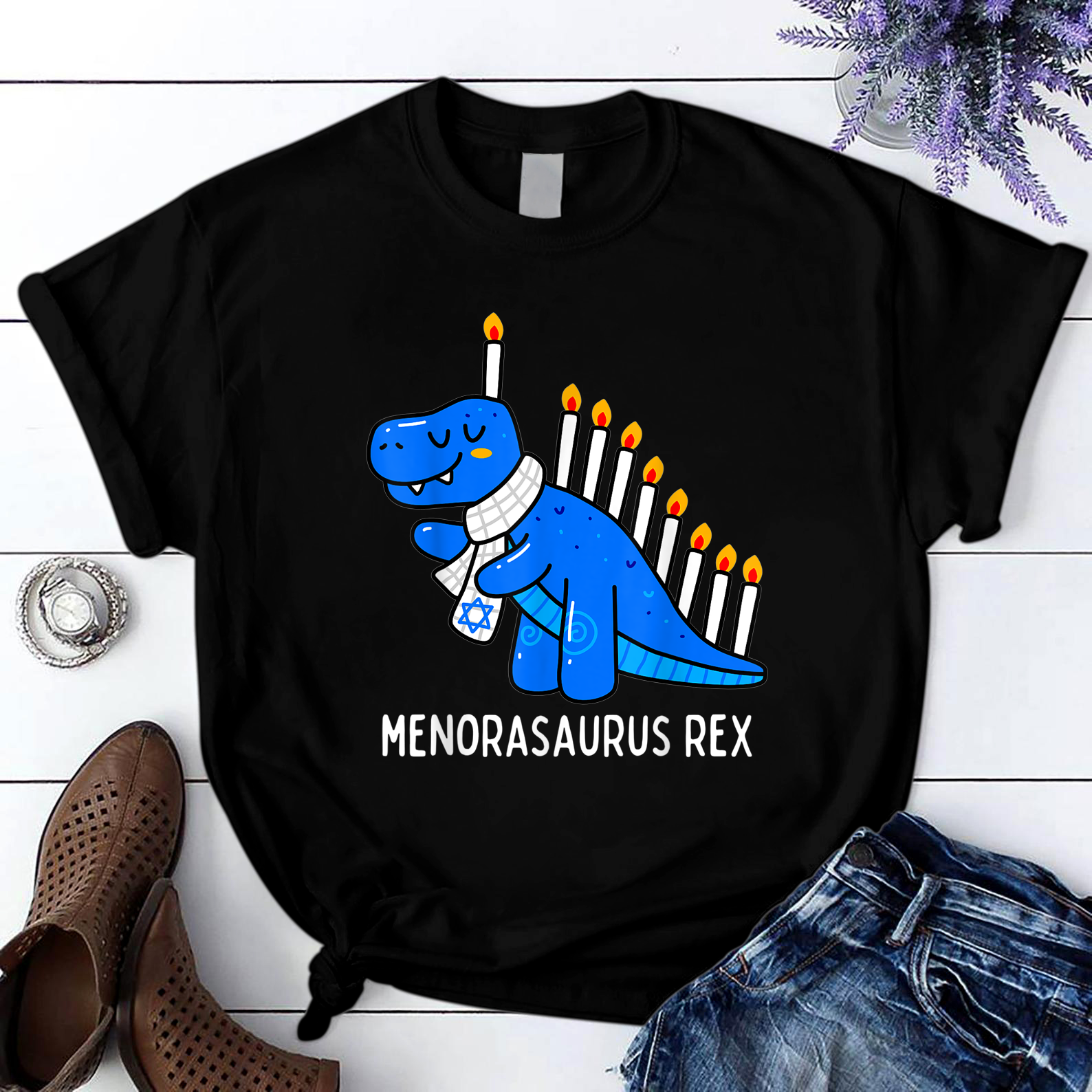 Hanukkah Dinosaur Menorasaurus T Rex Dino Chanukah Boys T Shirt Black Unisex S-6XL