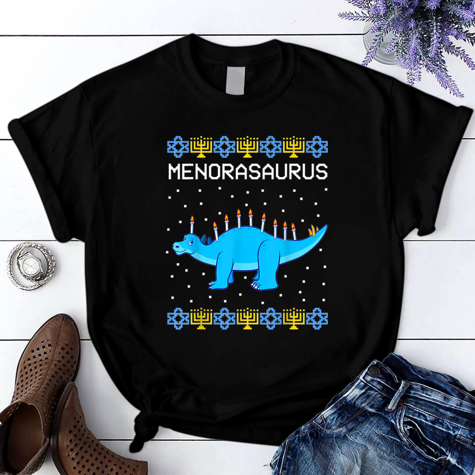 Hanukkah Dinosaur Menorasaurus Ugly Sweater Funny Dino Gifts T Shirt Black Unisex S-6XL